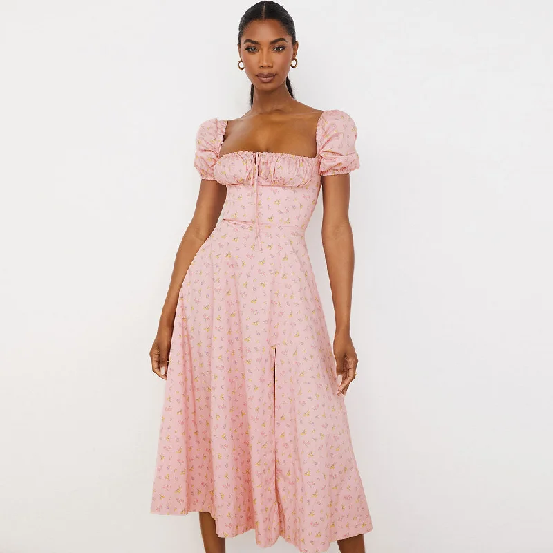 Retro - Style Bubble - Sleeve Maxi DressesDaisy Printed Puff Sleeve High Slit Smock Maxi Sundress - Pink Retro - Style Bubble - Sleeve Maxi DressesDaisy Printed Puff Sleeve High Slit Smock Maxi Sundress - Pink