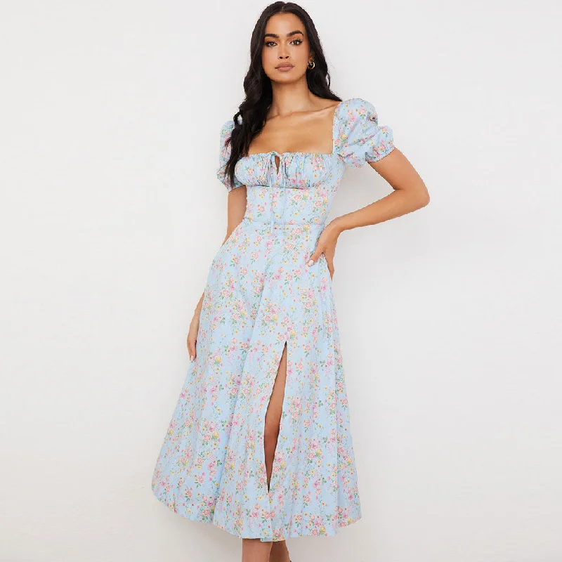 Ultra - Long Floor - Length Maxi Dresses for Formal EventsDaisy Printed Puff Sleeve High Slit Smock Maxi Sundress - Light Blue Ultra - Long Floor - Length Maxi Dresses for Formal EventsDaisy Printed Puff Sleeve High Slit Smock Maxi Sundress - Light Blue