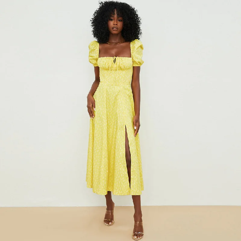 Fiery Red Maxi Dresses for a Dramatic LookDaisy Printed Puff Sleeve High Slit Smock Maxi Sundress - Dark Yellow Fiery Red Maxi Dresses for a Dramatic LookDaisy Printed Puff Sleeve High Slit Smock Maxi Sundress - Dark Yellow