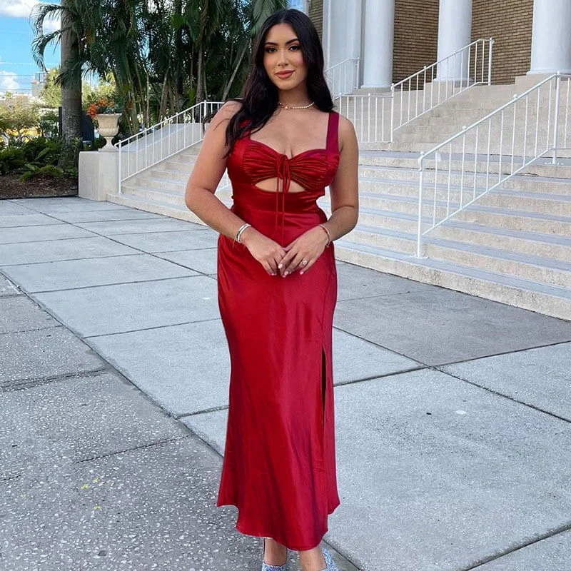 Preppy - Style Pleated Maxi Dresses for School EventsCut Out Lace Up Open Back Sleeveless Maxi Dress - Red Preppy - Style Pleated Maxi Dresses for School EventsCut Out Lace Up Open Back Sleeveless Maxi Dress - Red