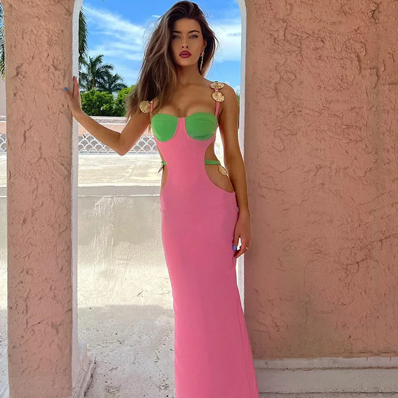 Short - Sleeved Maxi Dresses for Summer EveningsContrast Color Shells Sleeveless Cutout Prom Maxi Dress - Pink Short - Sleeved Maxi Dresses for Summer EveningsContrast Color Shells Sleeveless Cutout Prom Maxi Dress - Pink