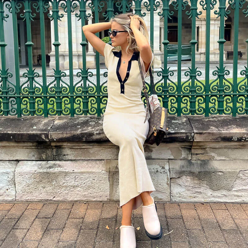 Sequin - Embellished Maxi Dresses for GalasRibbed Contrast Collar Short Sleeve Button Front Bodycon Maxi Dress - Apricot Sequin - Embellished Maxi Dresses for GalasRibbed Contrast Collar Short Sleeve Button Front Bodycon Maxi Dress - Apricot
