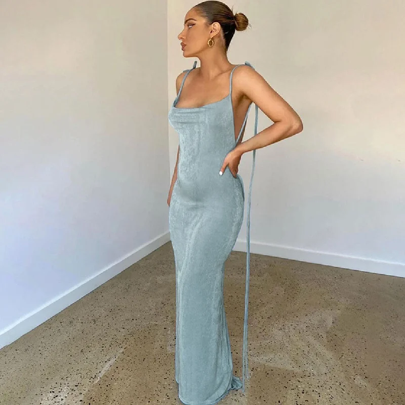 Maternity Maxi Dresses with Adjustable WaistsPretty Cowl Neck Strappy Draped Maxi Dress - Denim Blue Maternity Maxi Dresses with Adjustable WaistsPretty Cowl Neck Strappy Draped Maxi Dress - Denim Blue
