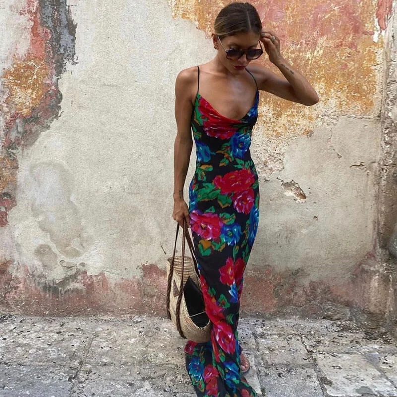 Elegant Silk Maxi Dresses with High SlitsVintage Style Floral Printed Cowl Neck Slip Maxi Dress - Black Elegant Silk Maxi Dresses with High SlitsVintage Style Floral Printed Cowl Neck Slip Maxi Dress - Black