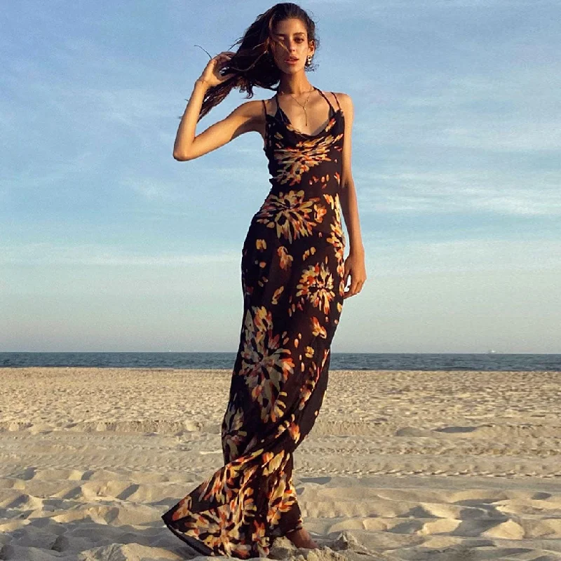 Bohemian Printed Maxi Dresses for Summer VacationsVintage Style Firework Printed Cowl Neck Slip Maxi Dress - Black Bohemian Printed Maxi Dresses for Summer VacationsVintage Style Firework Printed Cowl Neck Slip Maxi Dress - Black