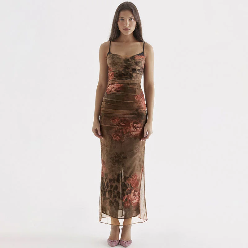 Long - Line Maxi Dresses with a Vest - Like DesignVintage Flower Print Ruched Mesh Corset Slip Bodycon Maxi Dress - Brown Long - Line Maxi Dresses with a Vest - Like DesignVintage Flower Print Ruched Mesh Corset Slip Bodycon Maxi Dress - Brown