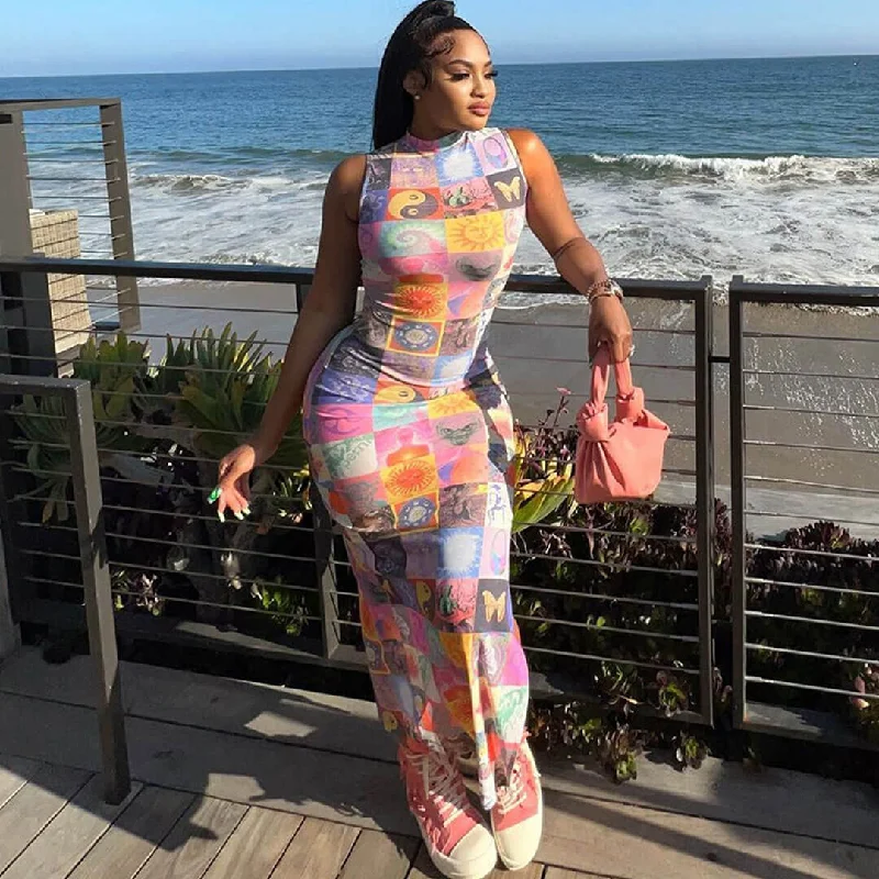 Maxi Dresses for Mother's Day CelebrationsUnique High Neck Split Blotter Print Sleeveless Maxi Dress - Multicolor Maxi Dresses for Mother's Day CelebrationsUnique High Neck Split Blotter Print Sleeveless Maxi Dress - Multicolor