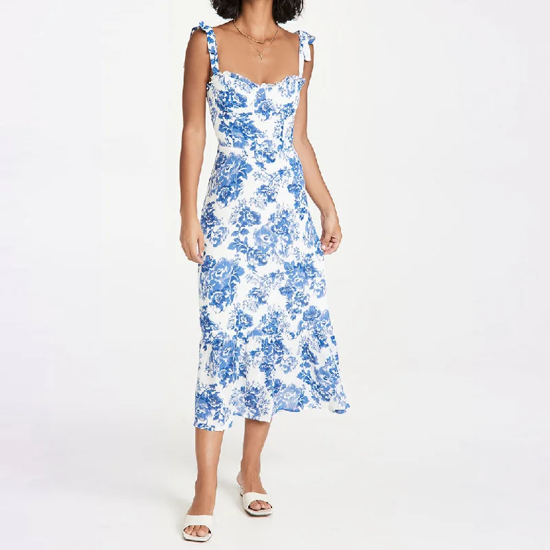 Maxi Dresses for Engagement PartiesSummery Ruffle Trim Floral Printed Tie Strap Midi Sundress - Blue