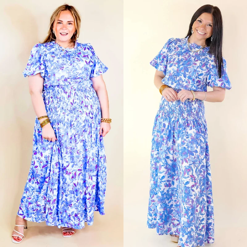 Maxi Dresses Decorated with Feathers for a Dazzling LookMoonlit Bay Floral High Neck Maxi dress with Smocked Waistline in Blue