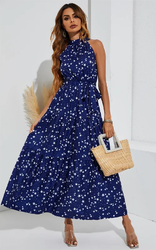 Maxi Dresses Embellished with Crystals for a Sparkling LookNight Sky Halter Neck Maxi Layer Dress In Navy & White Little Star