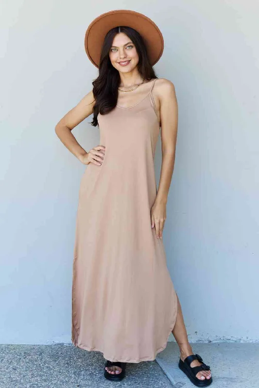 Bohemian Printed Maxi Dresses for Summer VacationsGood Energy Full Size Cami Side Slit Maxi Dress in Camel