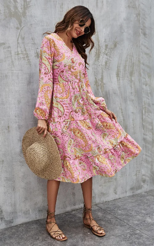 Maxi Dresses for Business - Casual ConferencesPaisley Print Tiered Long Sleeve Dress In Pink Maxi Dresses for Business - Casual ConferencesPaisley Print Tiered Long Sleeve Dress In Pink
