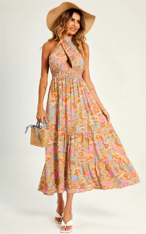 Soft Knit Maxi Dresses for Cozy EveningsPink Flora Print Halter Neck Tie Back Maxi Dress In Grey