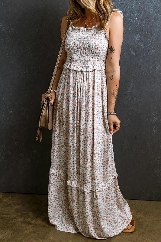 Maxi Dresses for Outdoor Picnics in the SummerRuffled Smocked Printed Sleeveless Maxi Dress Maxi Dresses for Outdoor Picnics in the SummerRuffled Smocked Printed Sleeveless Maxi Dress