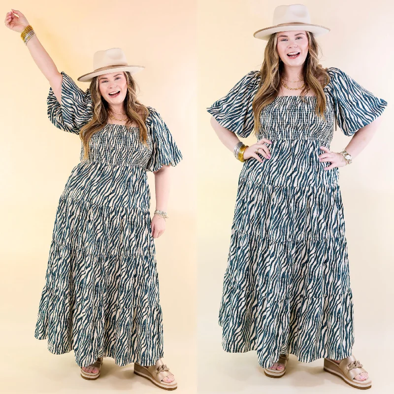 Maxi Dresses with Cinched Waists to Show Off FiguresSantorini Sunshine Short Balloon Sleeve Zebra Print Maxi Dress in Teal Blue Maxi Dresses with Cinched Waists to Show Off FiguresSantorini Sunshine Short Balloon Sleeve Zebra Print Maxi Dress in Teal Blue