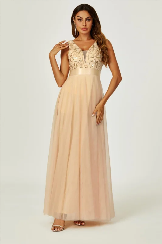 Preppy - Style Pleated Maxi Dresses for School EventsSequin Top V Neck Bridesmaid Maxi Dress In Gold Preppy - Style Pleated Maxi Dresses for School EventsSequin Top V Neck Bridesmaid Maxi Dress In Gold