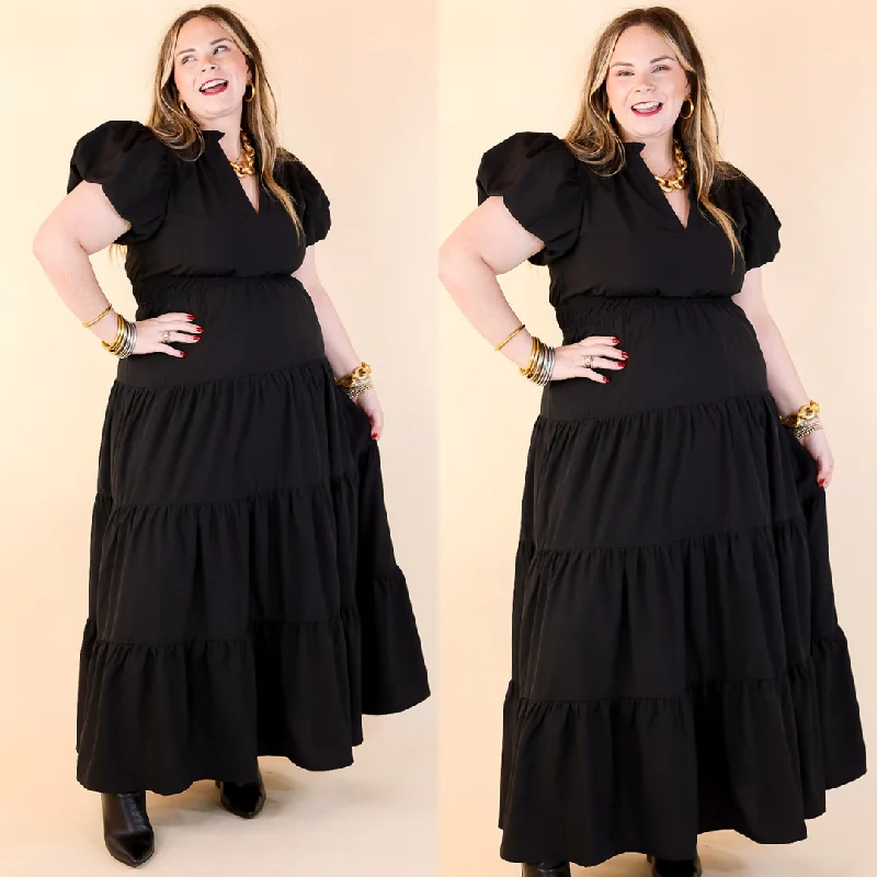 Maxi Dresses for Outdoor Garden WeddingsTable for Two Tiered Maxi Dress with Puff Sleeves in Black Maxi Dresses for Outdoor Garden WeddingsTable for Two Tiered Maxi Dress with Puff Sleeves in Black