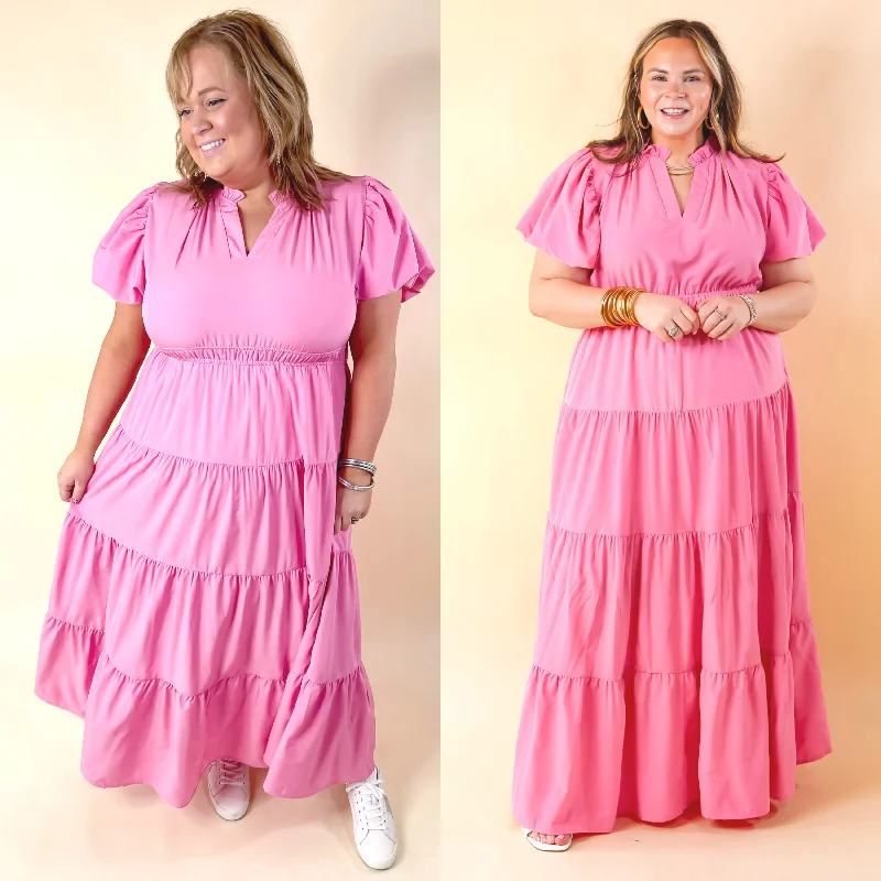 High - Neck Maxi Dresses for a Modest LookTable for Two Tiered Maxi Dress with Puff Sleeves in Bubblegum Pink High - Neck Maxi Dresses for a Modest LookTable for Two Tiered Maxi Dress with Puff Sleeves in Bubblegum Pink