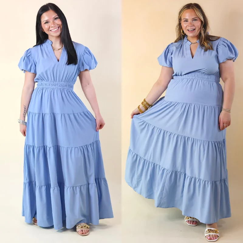 Maternity Maxi Dresses with Adjustable WaistsTable for Two Tiered Maxi Dress with Puff Sleeves in Chambray Blue Maternity Maxi Dresses with Adjustable WaistsTable for Two Tiered Maxi Dress with Puff Sleeves in Chambray Blue