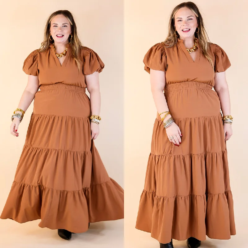 Energetic Orange Maxi Dresses for a Vivid LookTable for Two Tiered Maxi Dress with Puff Sleeves in Clay Rust Orange