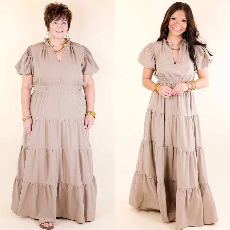 Fluffy Fleece Maxi Dresses for Warmth in WinterTable for Two Tiered Maxi Dress with Puff Sleeves in Light Mocha Brown