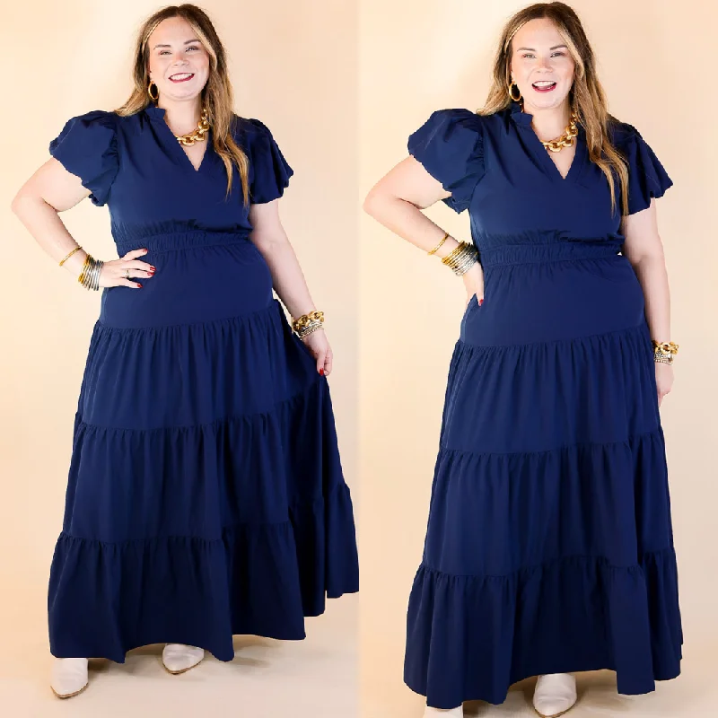 Maxi Dresses for Company Annual MeetingsTable for Two Tiered Maxi Dress with Puff Sleeves in Navy Blue