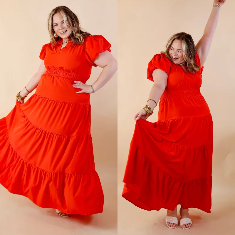 Short - Sleeved Maxi Dresses for Summer EveningsTable for Two Tiered Maxi Dress with Puff Sleeves in Red Short - Sleeved Maxi Dresses for Summer EveningsTable for Two Tiered Maxi Dress with Puff Sleeves in Red