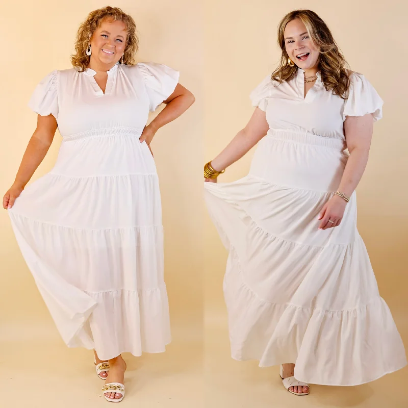 Vintage - Inspired Maxi Dresses with Puffed SleevesTable for Two Tiered Maxi Dress with Puff Sleeves in White Vintage - Inspired Maxi Dresses with Puffed SleevesTable for Two Tiered Maxi Dress with Puff Sleeves in White