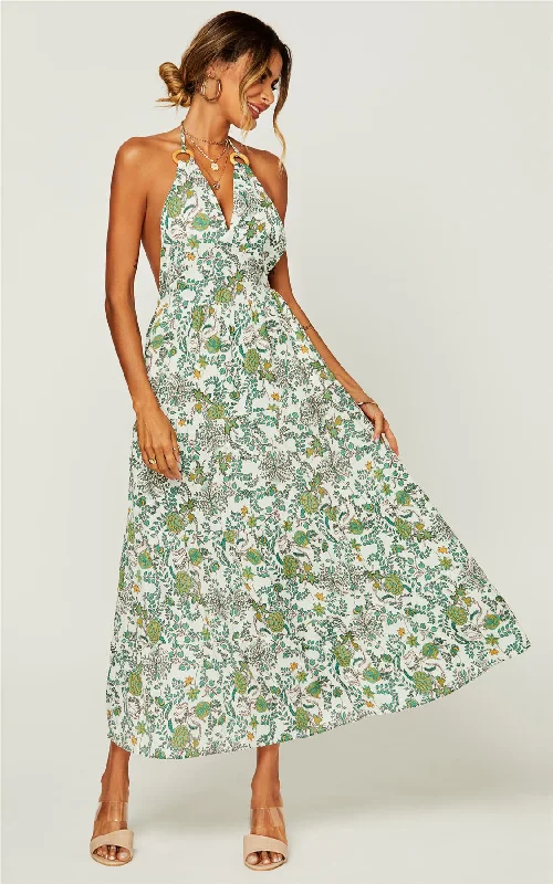 Maxi Dresses for Baby ShowersV Neck Back Tie Detail Maxi Dress In Green Floral Print