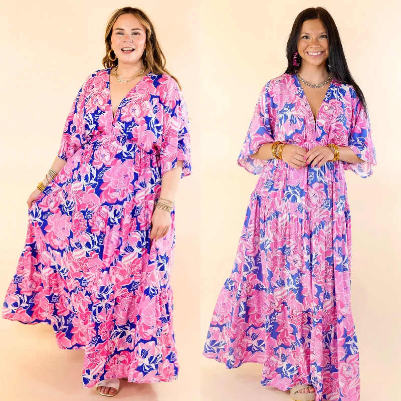 Maxi Dresses with Rhinestone Embellishments for a Glitzy LookWaving Hello Floral Maxi Dress with V Neckline in Blue and Pink Maxi Dresses with Rhinestone Embellishments for a Glitzy LookWaving Hello Floral Maxi Dress with V Neckline in Blue and Pink