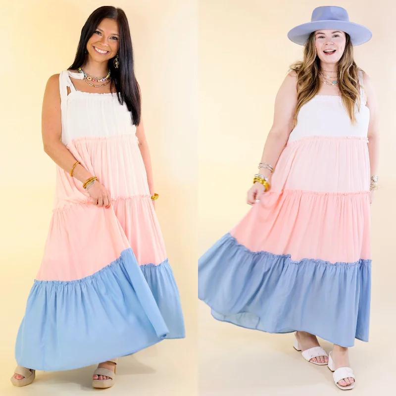 Maxi Dresses with Metallic Thread Embroidery for a Shiny and Luxurious LookWeekend in Capri Tiered Maxi Dress with Adjustable Tie Straps in Baby Blue Mix Maxi Dresses with Metallic Thread Embroidery for a Shiny and Luxurious LookWeekend in Capri Tiered Maxi Dress with Adjustable Tie Straps in Baby Blue Mix