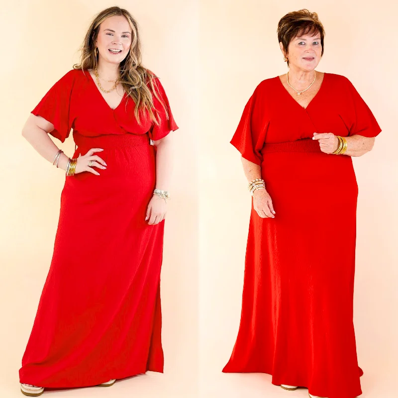 Preppy - Style Pleated Maxi Dresses for School EventsWildly In Love V Neck Maxi Dress with Smocked Waist in Red Preppy - Style Pleated Maxi Dresses for School EventsWildly In Love V Neck Maxi Dress with Smocked Waist in Red