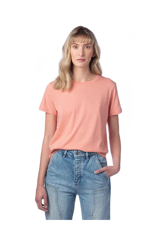 Open - work women's T - shirt with a scalloped hemAlternative Womens Her Go-To CVC Short Sleeve Crewneck T-Shirt - Heather Sunset Coral