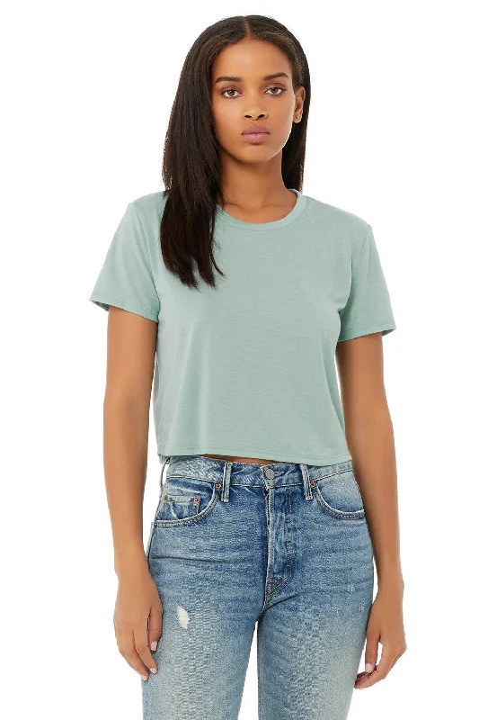 Tassel - trimmed women's T - shirt for a bohemian styleBella + Canvas Womens Flowy Cropped Short Sleeve Crewneck T-Shirt - Dusty Blue Tassel - trimmed women's T - shirt for a bohemian styleBella + Canvas Womens Flowy Cropped Short Sleeve Crewneck T-Shirt - Dusty Blue