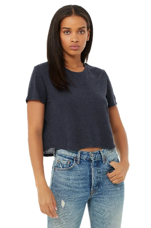 Long - sleeved women's T - shirt with a bell - sleeve designBella + Canvas Womens Flowy Cropped Short Sleeve Crewneck T-Shirt - Heather Navy Blue Long - sleeved women's T - shirt with a bell - sleeve designBella + Canvas Womens Flowy Cropped Short Sleeve Crewneck T-Shirt - Heather Navy Blue