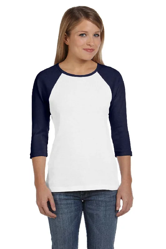 Tassel - trimmed women's T - shirt for a bohemian styleBella + Canvas Womens 3/4 Sleeve Crewneck T-Shirt - White/Navy Blue Tassel - trimmed women's T - shirt for a bohemian styleBella + Canvas Womens 3/4 Sleeve Crewneck T-Shirt - White/Navy Blue