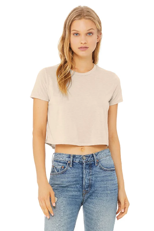 Women's T - shirt with a cable knit patternBella + Canvas Womens Flowy Cropped Short Sleeve Crewneck T-Shirt - Heather Dust Women's T - shirt with a cable knit patternBella + Canvas Womens Flowy Cropped Short Sleeve Crewneck T-Shirt - Heather Dust