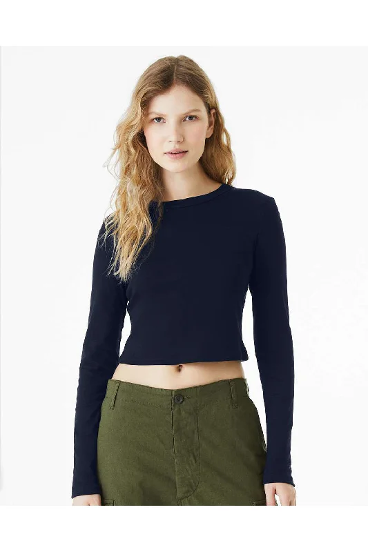 Women's T - shirt with a fringed hemBella + Canvas Womens Micro Rib Long Sleeve Crewneck T-Shirt - Solid Navy Blue Blend Women's T - shirt with a fringed hemBella + Canvas Womens Micro Rib Long Sleeve Crewneck T-Shirt - Solid Navy Blue Blend