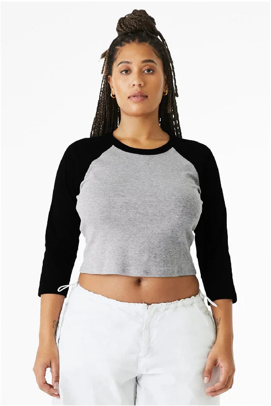 Women's T - shirt with a fringed hemBella + Canvas Womens Micro Ribbed Raglan 3/4 Sleeve Crewneck Baby T-Shirt - Heather Grey/Black Women's T - shirt with a fringed hemBella + Canvas Womens Micro Ribbed Raglan 3/4 Sleeve Crewneck Baby T-Shirt - Heather Grey/Black