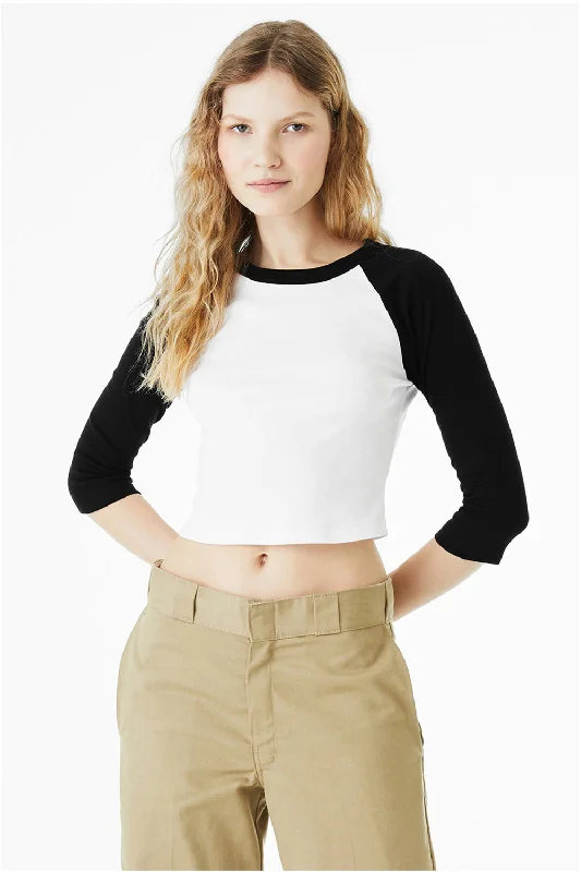Women's T - shirt with a cropped and boxy fitBella + Canvas Womens Micro Ribbed Raglan 3/4 Sleeve Crewneck Baby T-Shirt - White/Black Women's T - shirt with a cropped and boxy fitBella + Canvas Womens Micro Ribbed Raglan 3/4 Sleeve Crewneck Baby T-Shirt - White/Black
