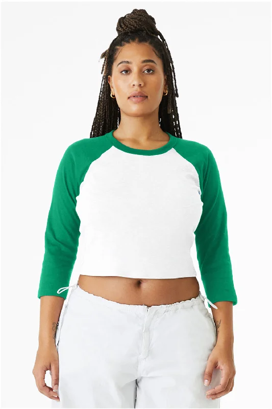 Printed women's T - shirt with a geometric - floral patternBella + Canvas Womens Micro Ribbed Raglan 3/4 Sleeve Crewneck Baby T-Shirt - White/Kelly Green Printed women's T - shirt with a geometric - floral patternBella + Canvas Womens Micro Ribbed Raglan 3/4 Sleeve Crewneck Baby T-Shirt - White/Kelly Green