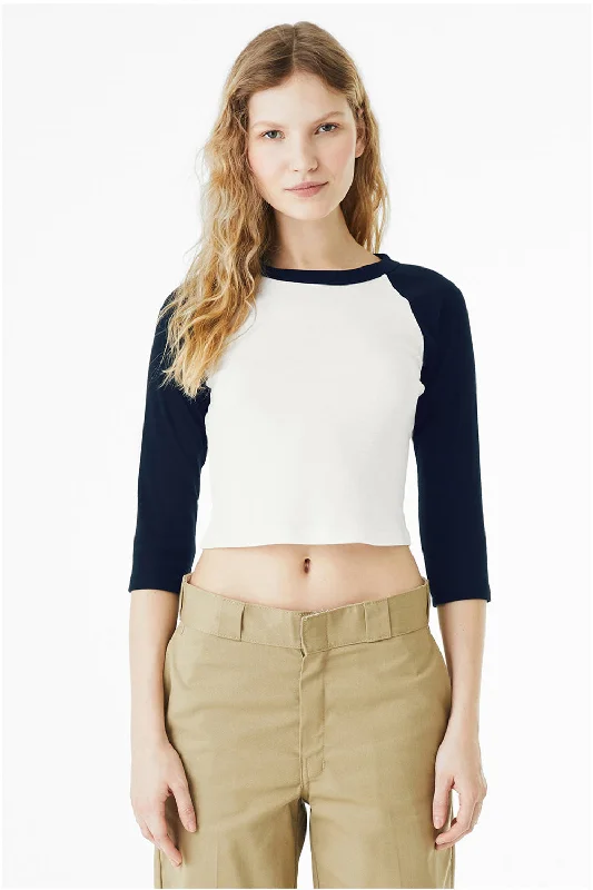 Mock - neck women's T - shirt with a zip - up frontBella + Canvas Womens Micro Ribbed Raglan 3/4 Sleeve Crewneck Baby T-Shirt - White/Navy Blue Mock - neck women's T - shirt with a zip - up frontBella + Canvas Womens Micro Ribbed Raglan 3/4 Sleeve Crewneck Baby T-Shirt - White/Navy Blue