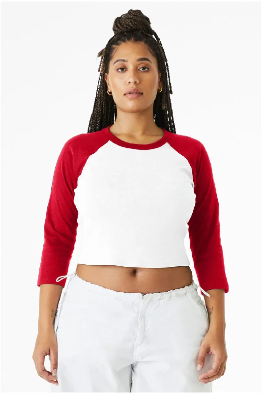 Women's T - shirt with a color - changing yarnBella + Canvas Womens Micro Ribbed Raglan 3/4 Sleeve Crewneck Baby T-Shirt - White/Red Women's T - shirt with a color - changing yarnBella + Canvas Womens Micro Ribbed Raglan 3/4 Sleeve Crewneck Baby T-Shirt - White/Red