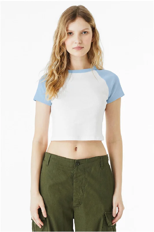 A - line women's T - shirt with a pleated skirtBella + Canvas Womens Micro Ribbed Raglan Short Sleeve Crewneck Baby T-Shirt - White/Baby Blue A - line women's T - shirt with a pleated skirtBella + Canvas Womens Micro Ribbed Raglan Short Sleeve Crewneck Baby T-Shirt - White/Baby Blue