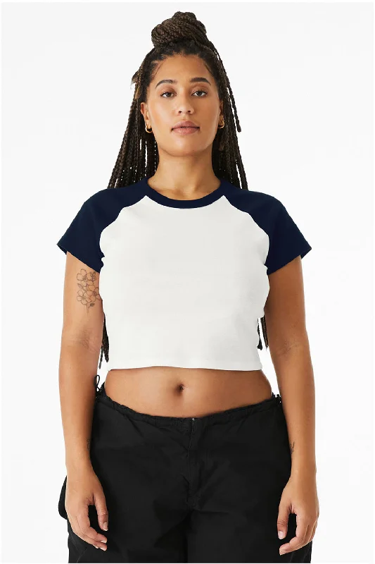 Printed women's T - shirt with a tropical patternBella + Canvas Womens Micro Ribbed Raglan Short Sleeve Crewneck Baby T-Shirt - White/Navy Blue Printed women's T - shirt with a tropical patternBella + Canvas Womens Micro Ribbed Raglan Short Sleeve Crewneck Baby T-Shirt - White/Navy Blue