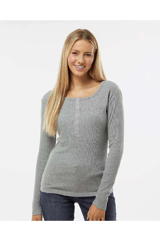 Printed women's T - shirt with a geometric - floral patternBoxercraft Womens Harper Long Sleeve Henley T-Shirt - Heather Oxford Grey Printed women's T - shirt with a geometric - floral patternBoxercraft Womens Harper Long Sleeve Henley T-Shirt - Heather Oxford Grey
