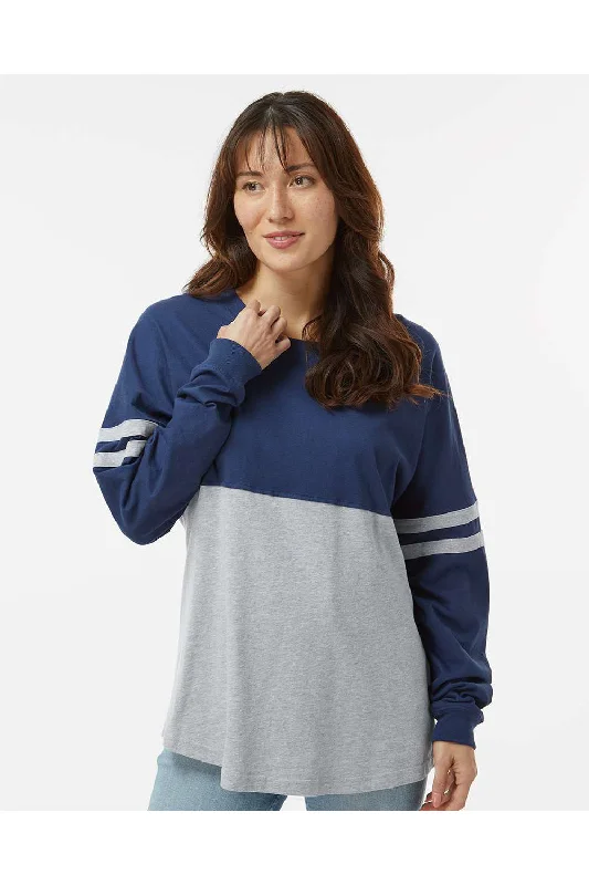 Cable knit women's T - shirt with a shawl collarBoxercraft Womens Pom Pom Long Sleeve Crewneck T-Shirt - Navy Blue/Oxford Grey