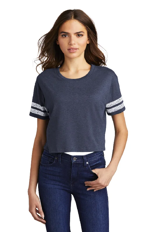 A - line women's T - shirt with a pleated skirtDistrict Womens Scorecard Crop Short Sleeve Crewneck T-Shirt - Heather True Navy Blue/White - Closeout A - line women's T - shirt with a pleated skirtDistrict Womens Scorecard Crop Short Sleeve Crewneck T-Shirt - Heather True Navy Blue/White - Closeout