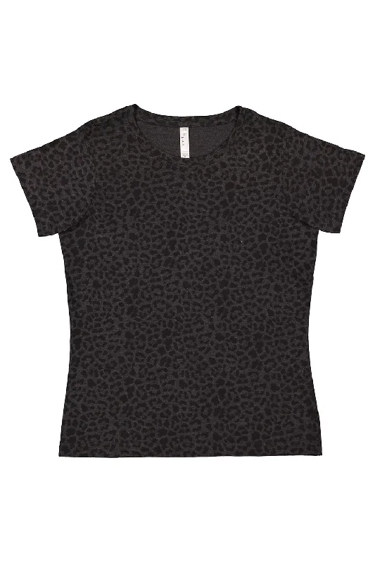 Women's T - shirt with a fringed hem and a tassel - trimmed pocketLAT Womens Fine Jersey Short Sleeve Crewneck T-Shirt - Black Leopard