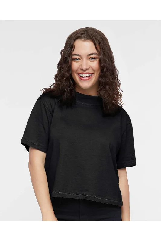 Tassel - trimmed women's T - shirt for a bohemian styleLAT Womens Boxy Short Sleeve Crewneck T-Shirt - Blended Black - NEW Tassel - trimmed women's T - shirt for a bohemian styleLAT Womens Boxy Short Sleeve Crewneck T-Shirt - Blended Black - NEW
